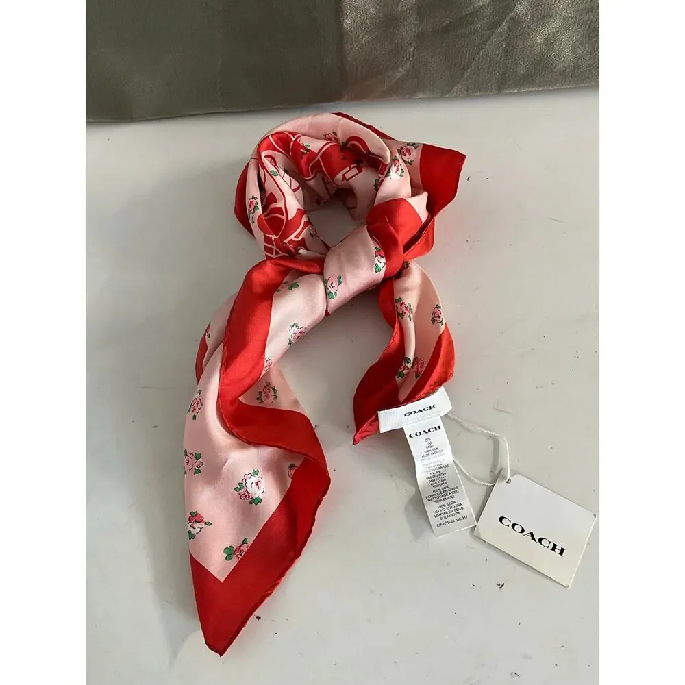 Coach Horse And Carriage Tea Rose Print Silk Bandana